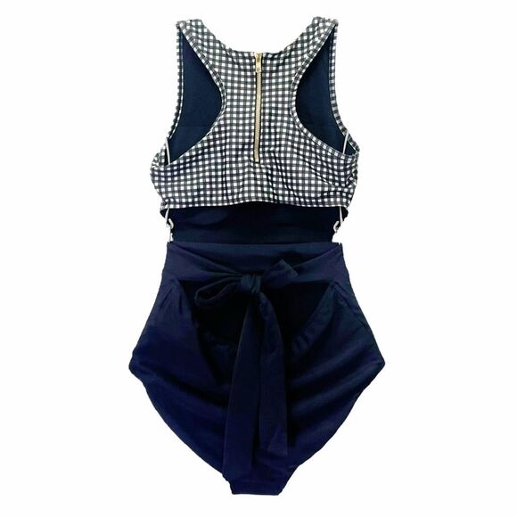 Albion Black Check Castaway One Piece Swimsuit Size Small Black Gingham Zip Back - Picture 3 of 16